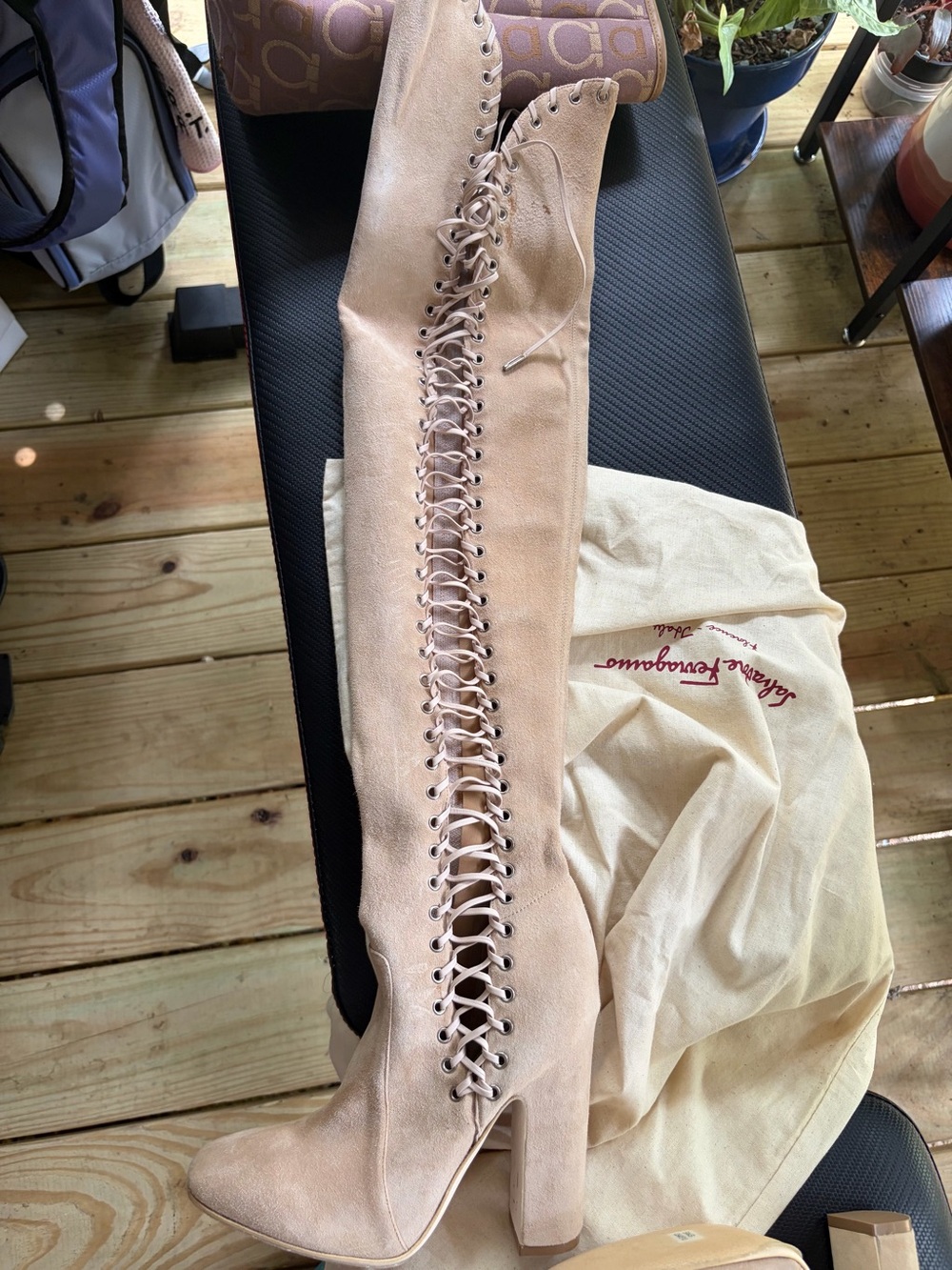 Salvatore Ferragamo  Lace-Up Over-the-Knee High Heel Boots - Nude - Picture 8 of 15
